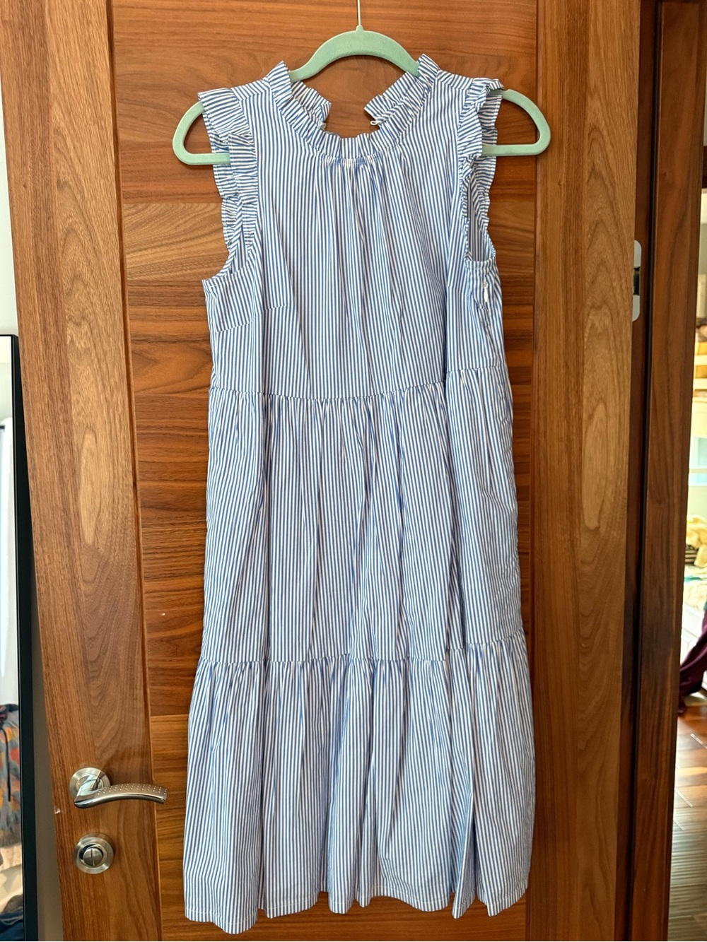 J.Crew Blue  & White Striped Ruffle-Trim Tiered women’s  Dress